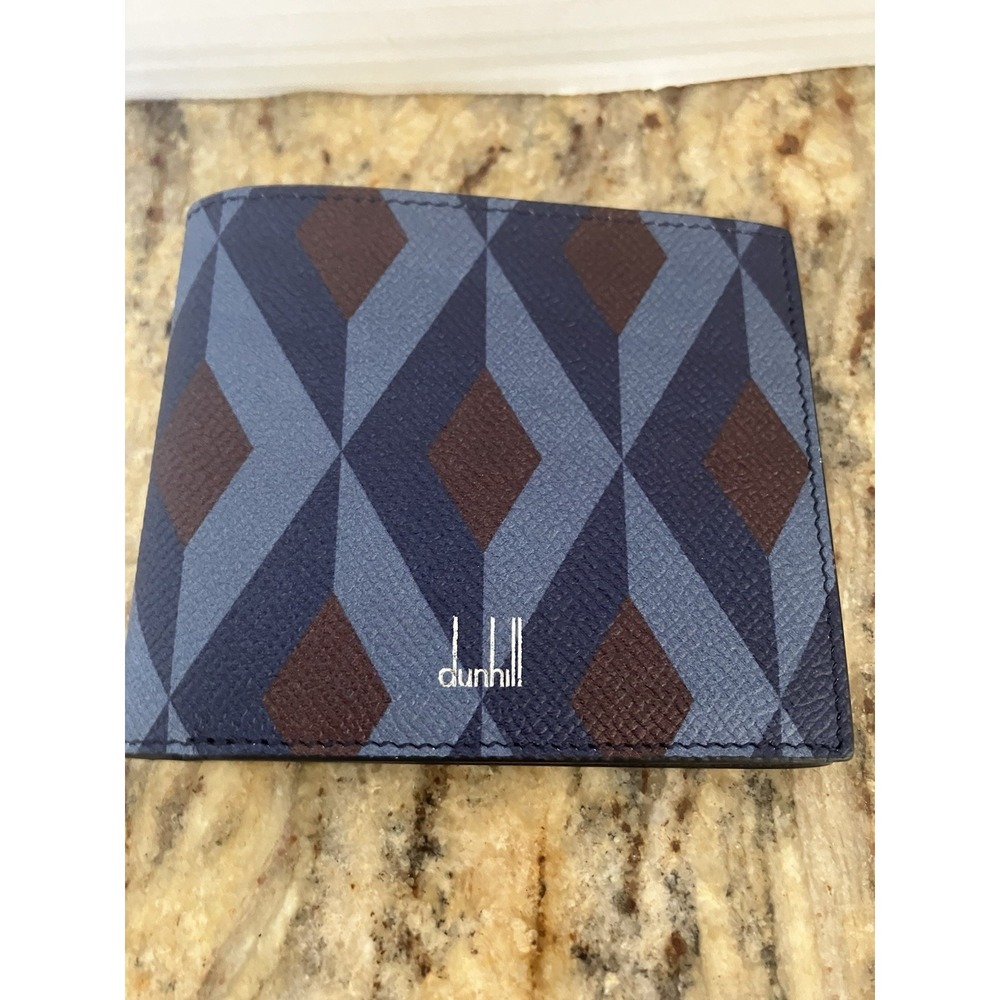 Dunhill Cadogan Blue Grained Billfold  Wallet Canvas Leather Geo Pattern NEW